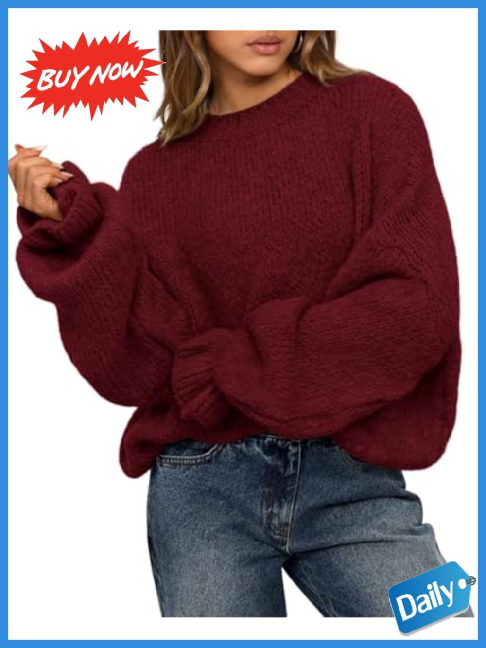 Oversized Chunky Knit Sweater Pullover Lantern Sleeve Ruffle Cuff
